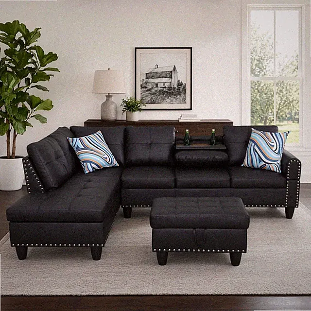 Stylish Black L-Shaped Leather Couch with Chaise, Cup Holder & Storage Ottoman