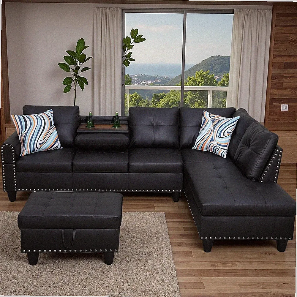 Stylish Black L-Shaped Sectional Couch with Movable Chaise & Storage Ottoman
