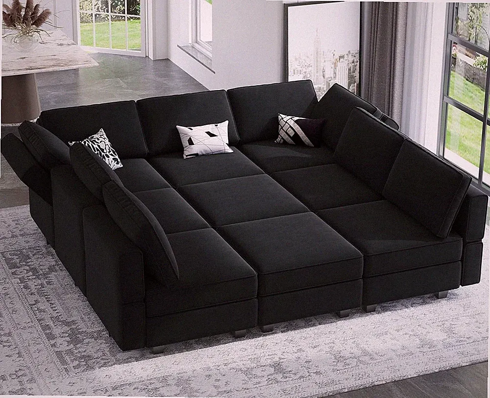 Stylish Black Modular Velvet Sectional Sofa with Reversible Sleeper & Ottomans