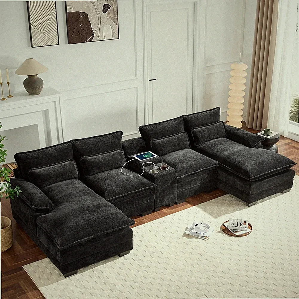 Stylish Black Sectional Sofa with USB Ports, Cupholders & Sleeper Feature