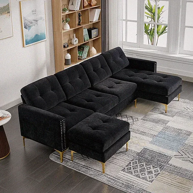 Stylish Black Velvet L-Shape Sofa with Chaise & Ottoman for Living Room