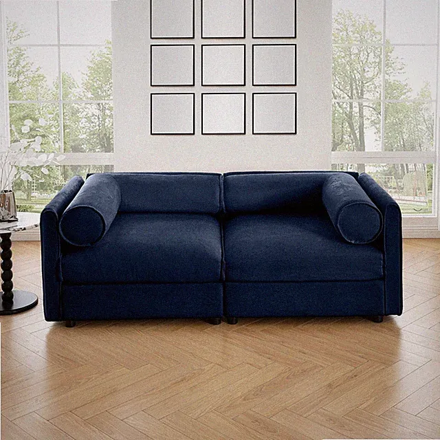 Stylish Blue Chenille 2-Seater Sofa with Storage Seat, Cylindrical Backrest an