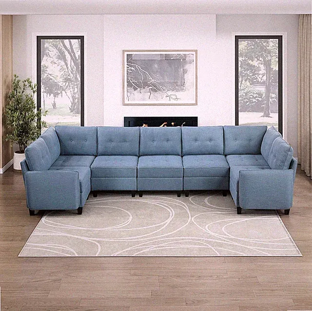 Stylish Blue U-Shaped Sectional Sofa with Hidden Storage & Reversible Cushions