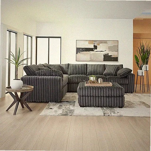 Stylish Charcoal L-Shaped Sectional & Ottoman Living Room Set - 2 Pieces