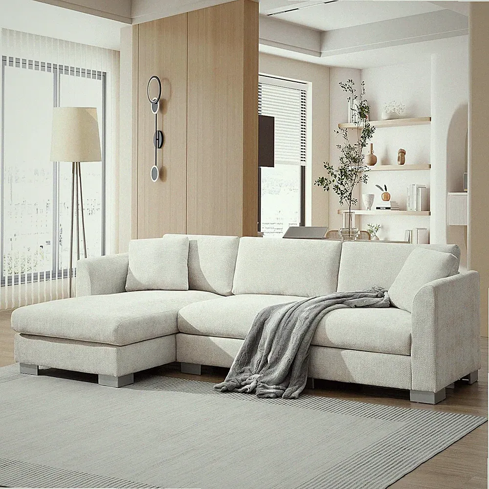 Stylish Chenille L-Shaped Sectional Sofa with Chaise & 2 Free Pillows - Gray