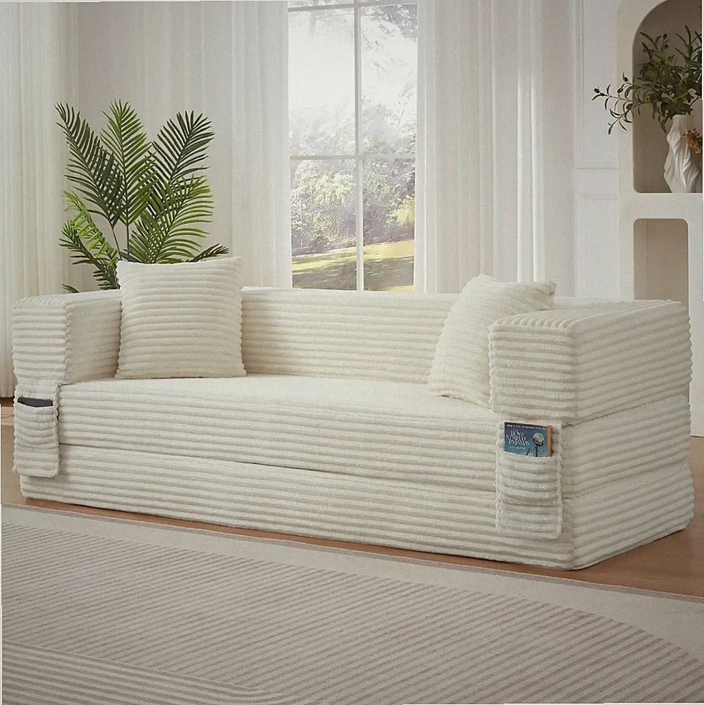 Stylish Convertible Cord Sofa Bed with Unique Two-Tier Design