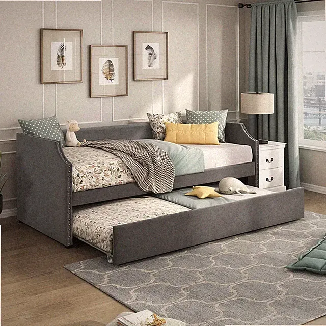 Stylish Dark Gray Upholstered Daybed with Trundle for Guest Room Comfort