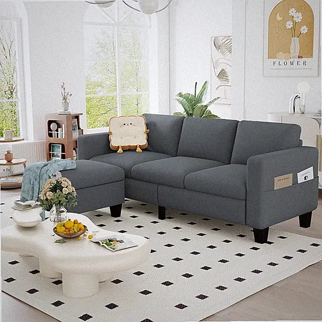 Stylish Dark Grey Convertible Sofa with Movable Ottoman for Small Spaces