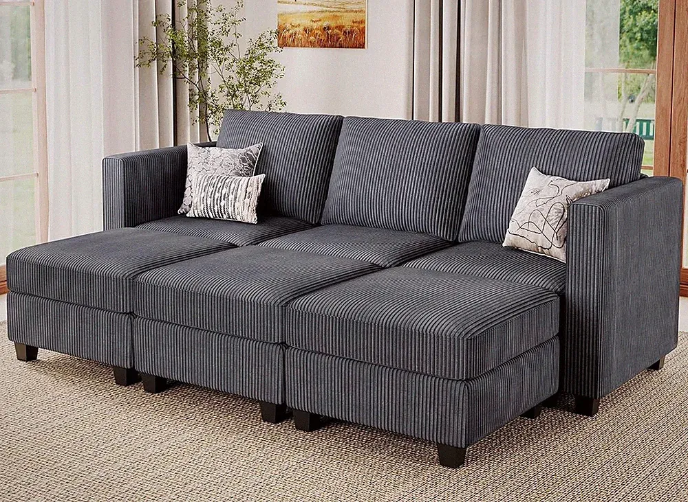 Stylish Dark Grey Corduroy Sectional Sofa with Sleeper & Storage Ottoman