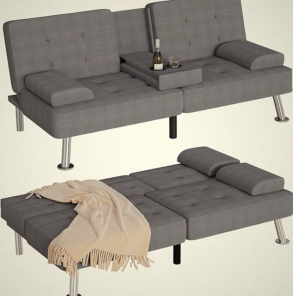 Stylish Dark Grey Futon Sofa Bed with Removable Armrests & Cup Holders