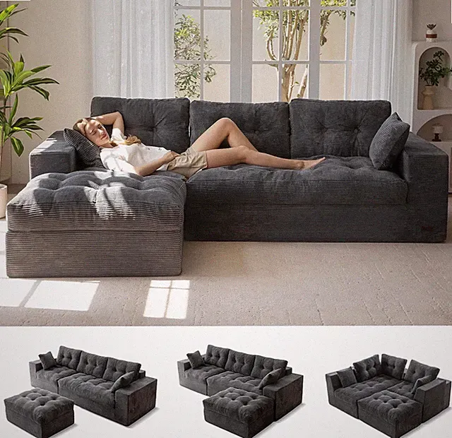Stylish Dark Grey L-Shaped Modular Sofa with Ottoman - No Assembly Required
