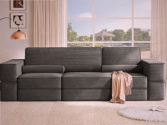 Stylish Gray Corduroy Sectional Sofa with Deep Seats & High Pillows