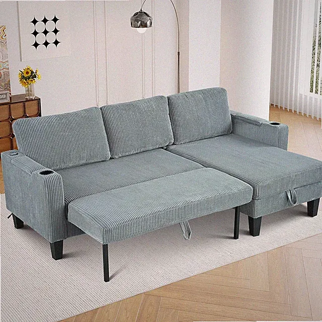Stylish Gray L-Shaped Sofa Bed with Storage, USB Ports & Cup Holder