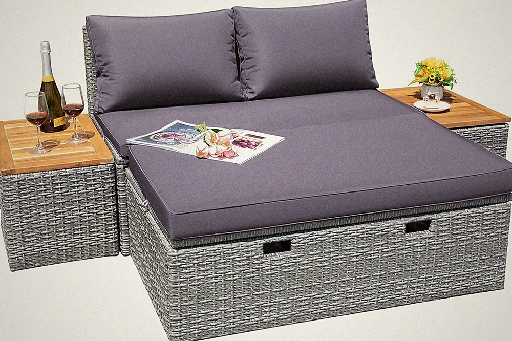 Stylish Gray Rattan Sectional Sofa Set with Cushions & Storage Ottoman