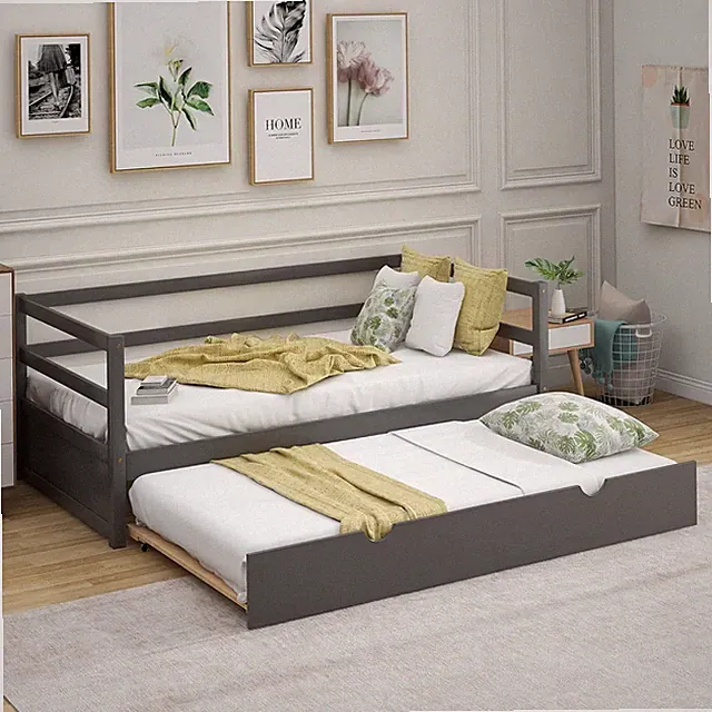 Stylish Gray Wooden Daybed with Trundle - Versatile Sofa Bed for Any Room