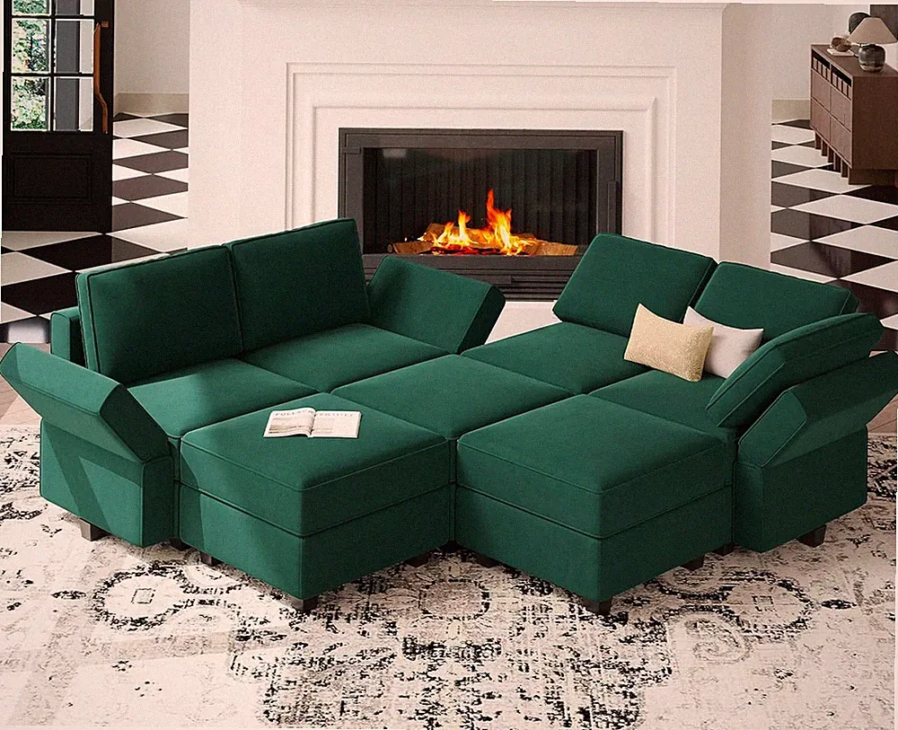 Stylish Green Convertible Sectional Sofa with Storage & Ottomans