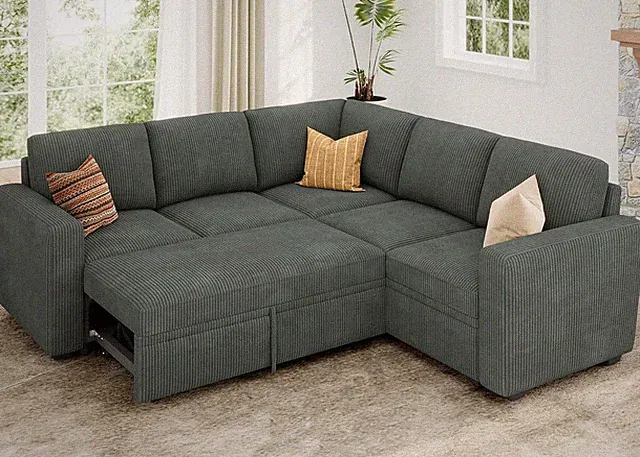 Stylish Green L-Shaped Corduroy Sleeper Sofa with Storage Solution