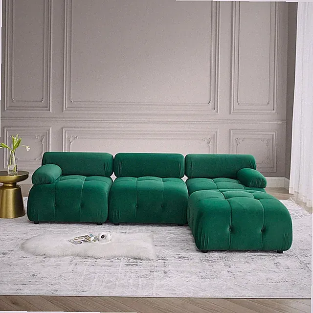 Stylish Green Modular Sectional Sofa with Reversible Ottoman for Living Room