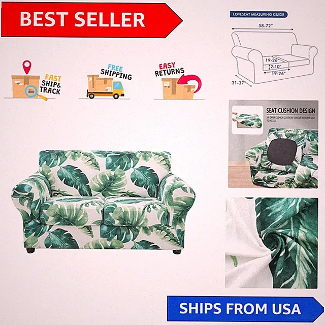 Stylish Green Stretch Couch Cover - Floral Monstera Design, Washable & Non-Slip