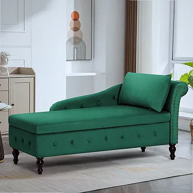 Stylish Green Velvet Chaise Lounge Chair with Armrest & Hidden Storage