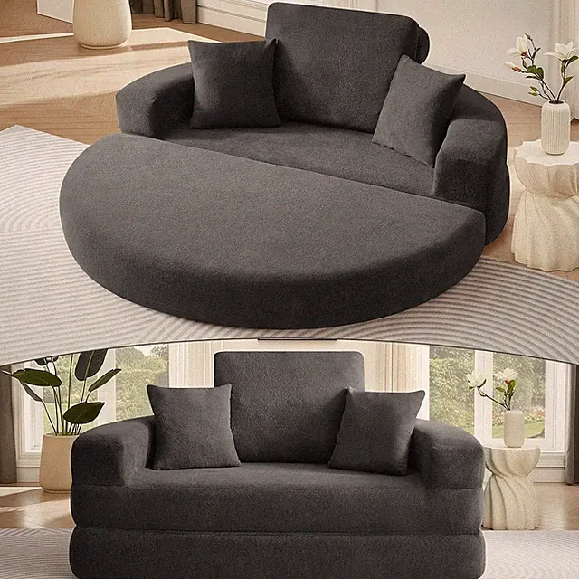 Stylish Grey Convertible Round Sofa Bed with Pillows for Small Spaces