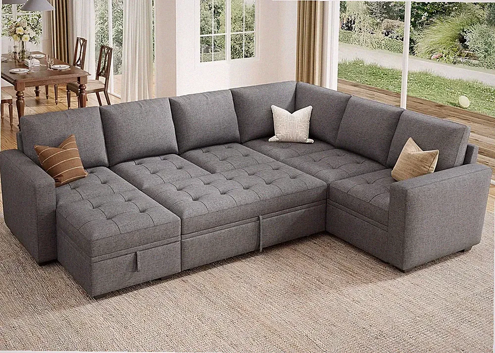Stylish Grey Convertible Sectional Sofa with Storage & Pull-Out Bed