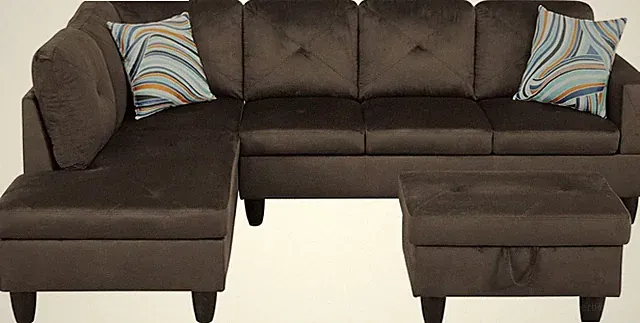 Stylish Grey L-Shaped Flannel Sofa Set with Storage Ottoman for Small Spaces
