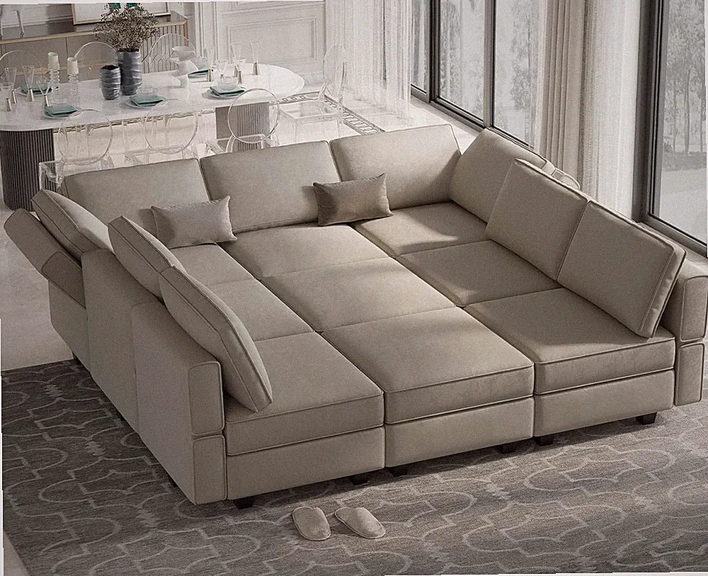 Stylish Grey Modular Velvet Sectional Sofa with Reversible Chaise & Ottoman