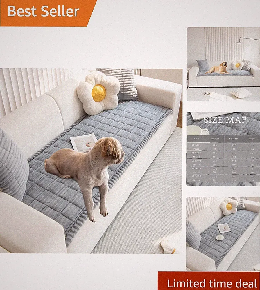 Stylish Grey Pet Couch Protector - Scratch-Proof Washable Slipcover 27x83in