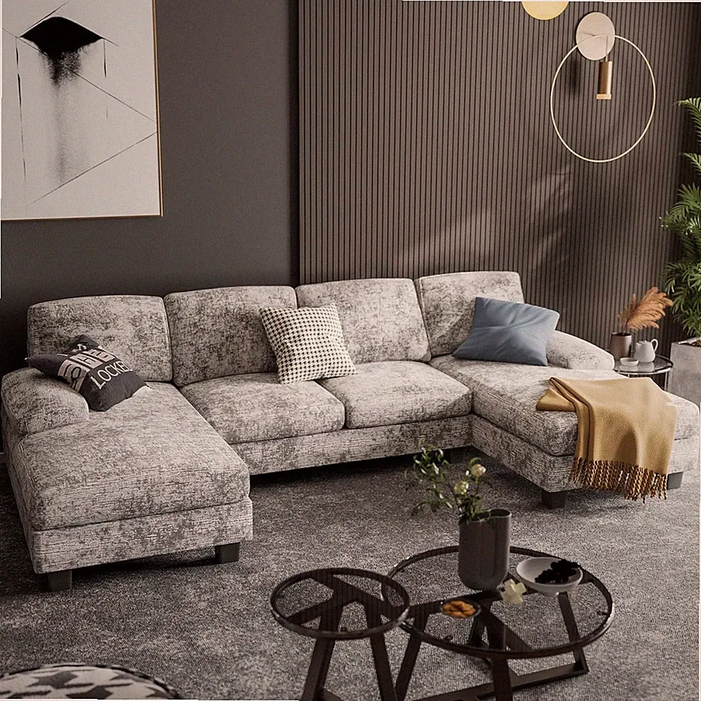 Stylish Grey U-Shaped Convertible Sofa with Memory Foam & Double Chaise