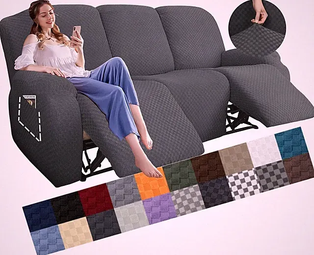Stylish Jacquard Recliner Sofa Slipcovers with Side Pocket - Set of 8, Dark Gray