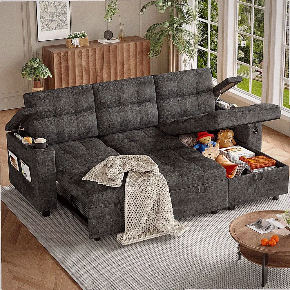 Stylish L-Shaped 84'' Sofa Bed with Storage, Cup Holders & USB Ports