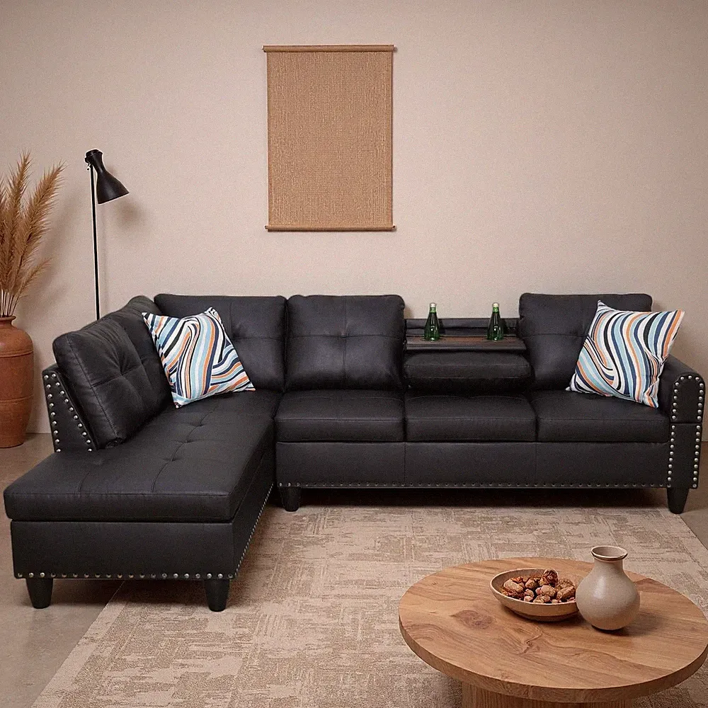 Stylish L-Shaped Black Faux Leather Sectional Sofa with Cup Holders & Chaise