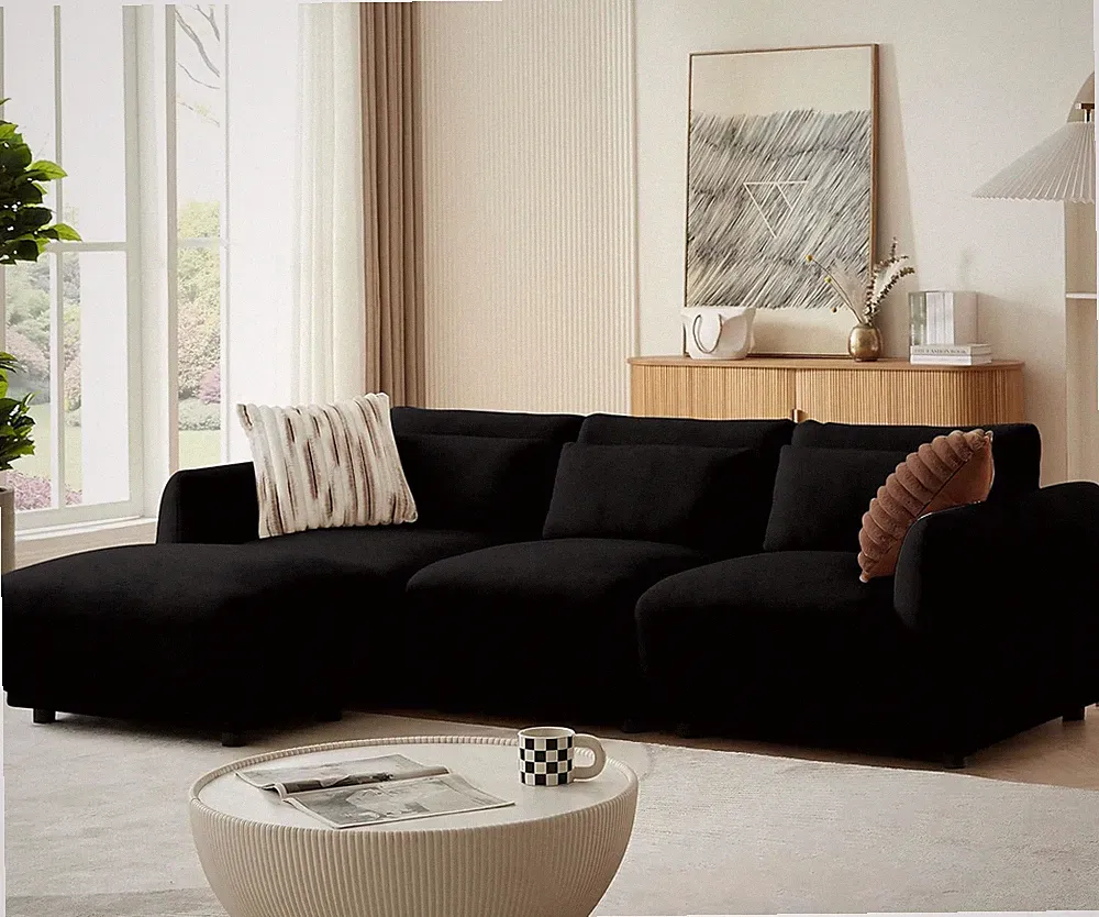 Stylish L-Shaped Black Sectional Sofa with Ottoman for Small Spaces