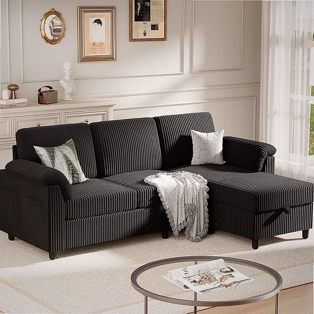 Stylish L-Shaped Black Sectional Sofa with Ottoman & Hidden Storage