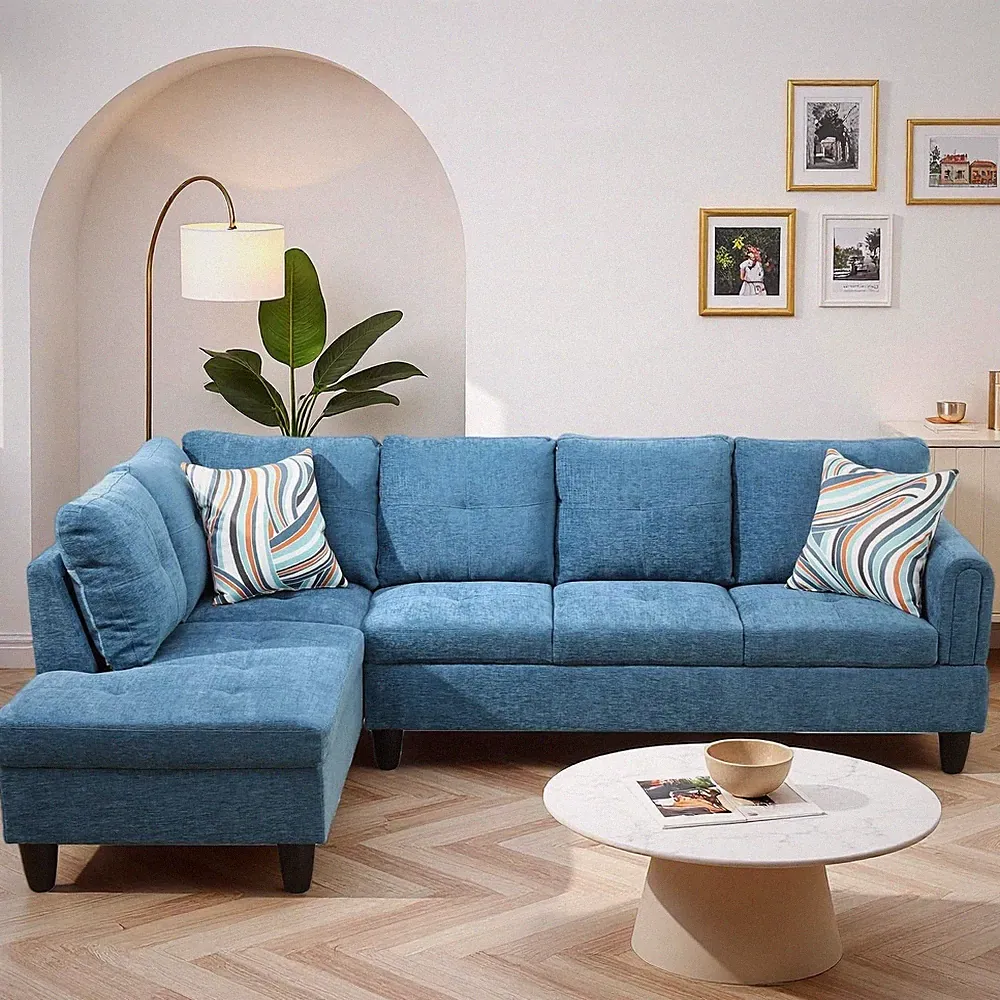 Stylish L-Shaped Blue Sectional Sofa with Chaise Lounge, Easy Assembly