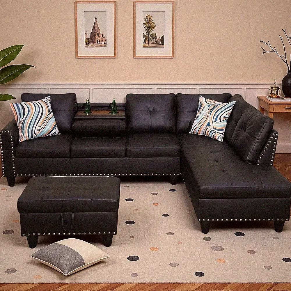 Stylish L-Shaped Leather Sectional Sofa with Chaise & Storage Ottoman, Black