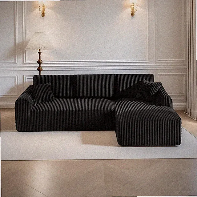 Stylish L-Shaped Modular Sofa with Chaise - No Assembly, Black Corduroy