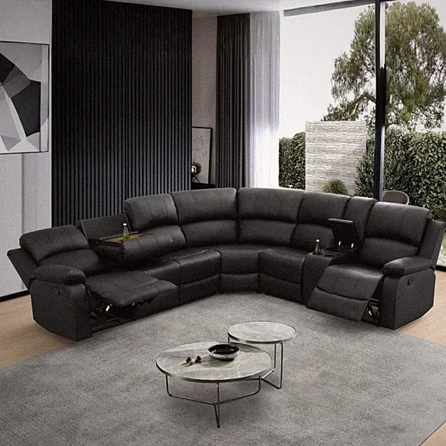 Stylish L-Shaped Reclining Sofa Set with Cup Holder & Storage - Black Leather