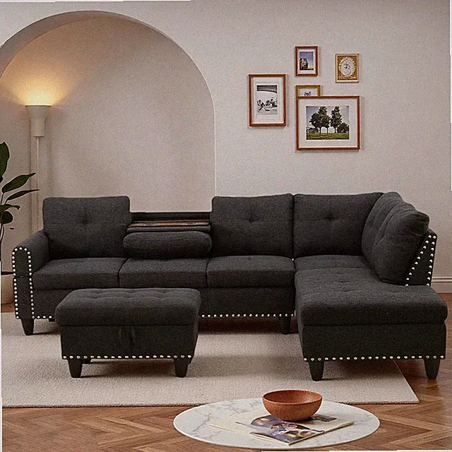 Stylish L-Shaped Sectional Sofa with Chaise & Storage Ottoman, Black Grey