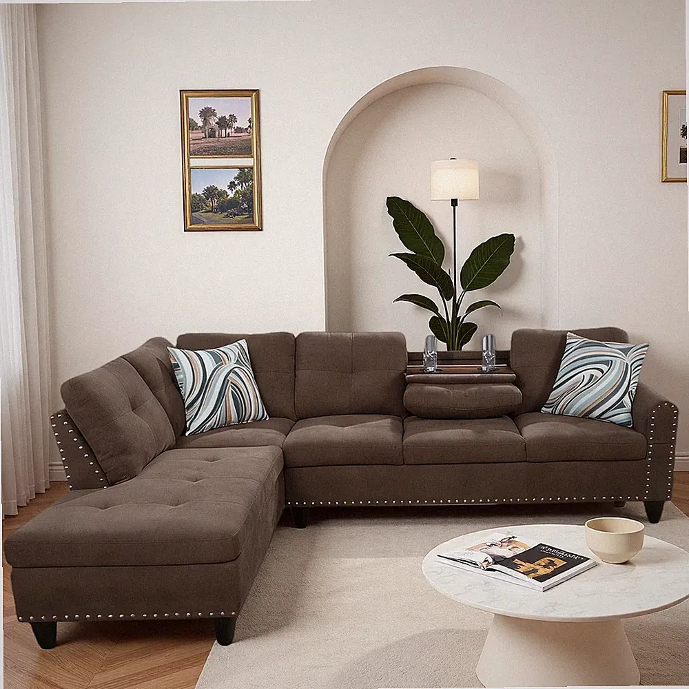 Stylish L-Shaped Sectional Sofa with Cup Holder, 4-Seater, Easy Assembly, Brown