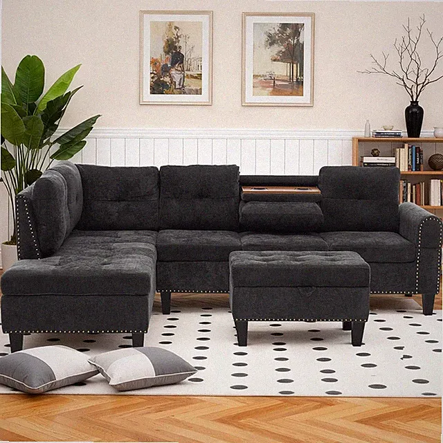 Stylish L Shaped Sectional Sofa with Storage Ottoman for Living Room, Black