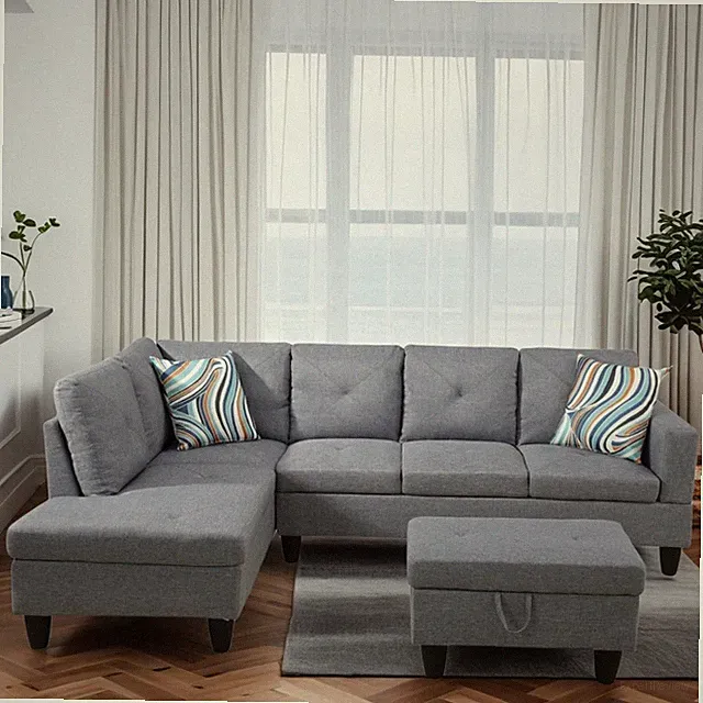 Stylish L-Shaped Sectional Sofa with Storage Ottoman for Living Room, Grey