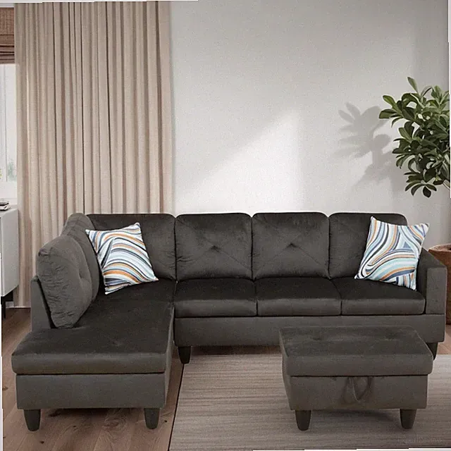 Stylish L-Shaped Sectional Sofa with Storage Ottoman for Living Room, Grey