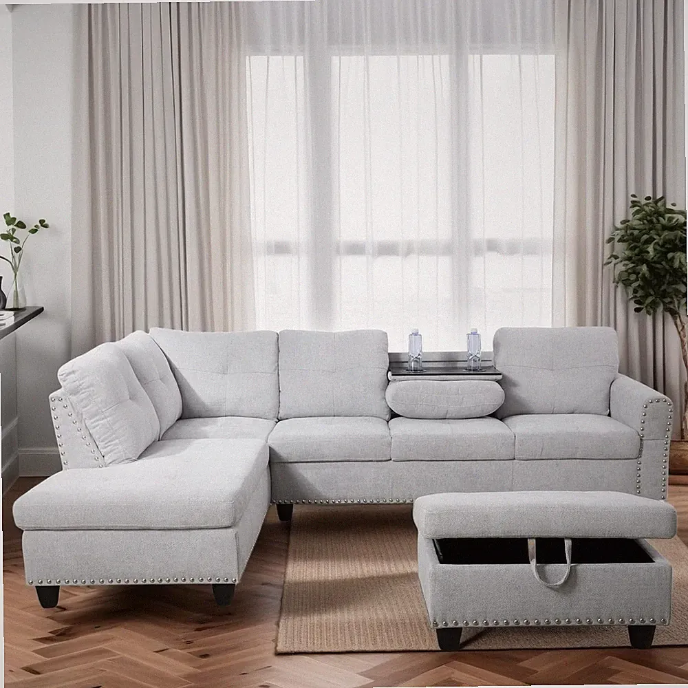 Stylish L-Shaped Sectional Sofa with Storage Ottoman - Grey & White