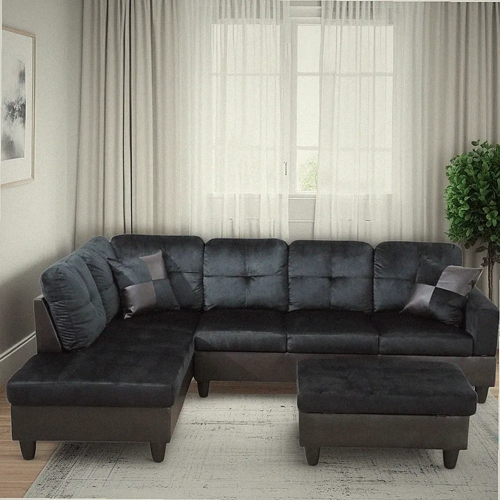 Stylish L-Shaped Sectional Sofa with Storage Ottoman in Dark Blue & Brown