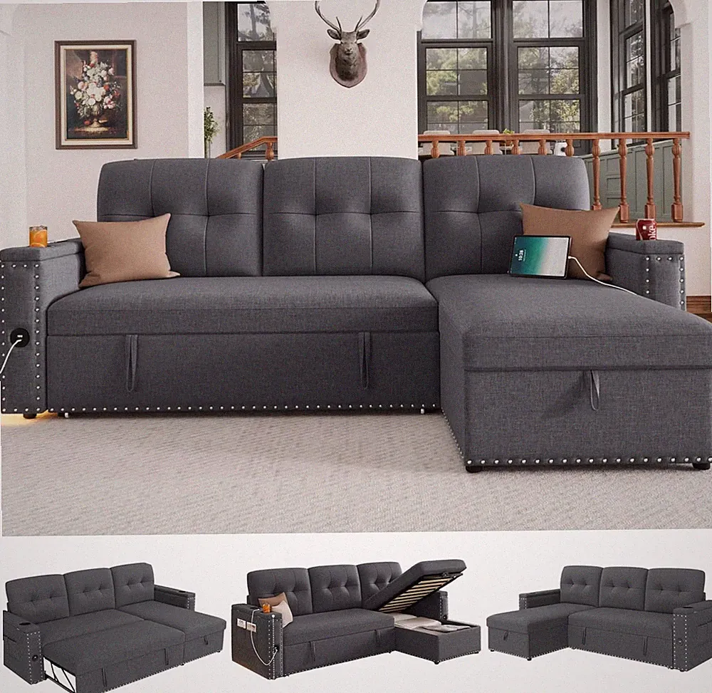 Stylish L-Shaped Sleeper Sofa Bed with Storage, USB & LED Light - Grey