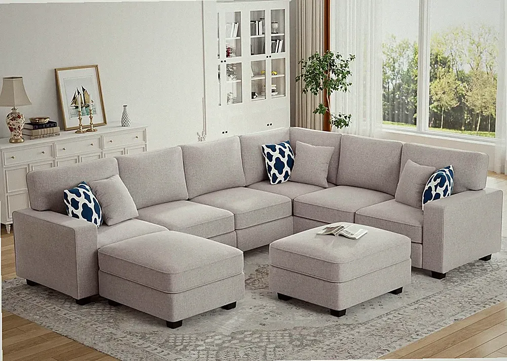 Stylish Light Grey U-Shaped Modular Sectional Sofa with Ottoman