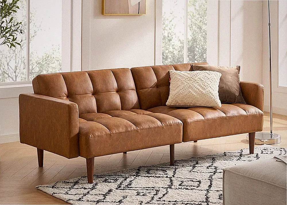 Stylish Mid Century Modern 76.4" Pecan Brown Futon Sofa Bed