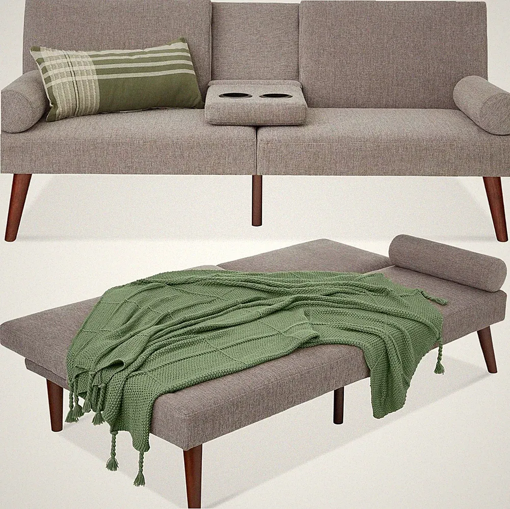 Stylish Mid-Century Modern Gray Futon Sofa Bed with Cupholders & Rounded Arms